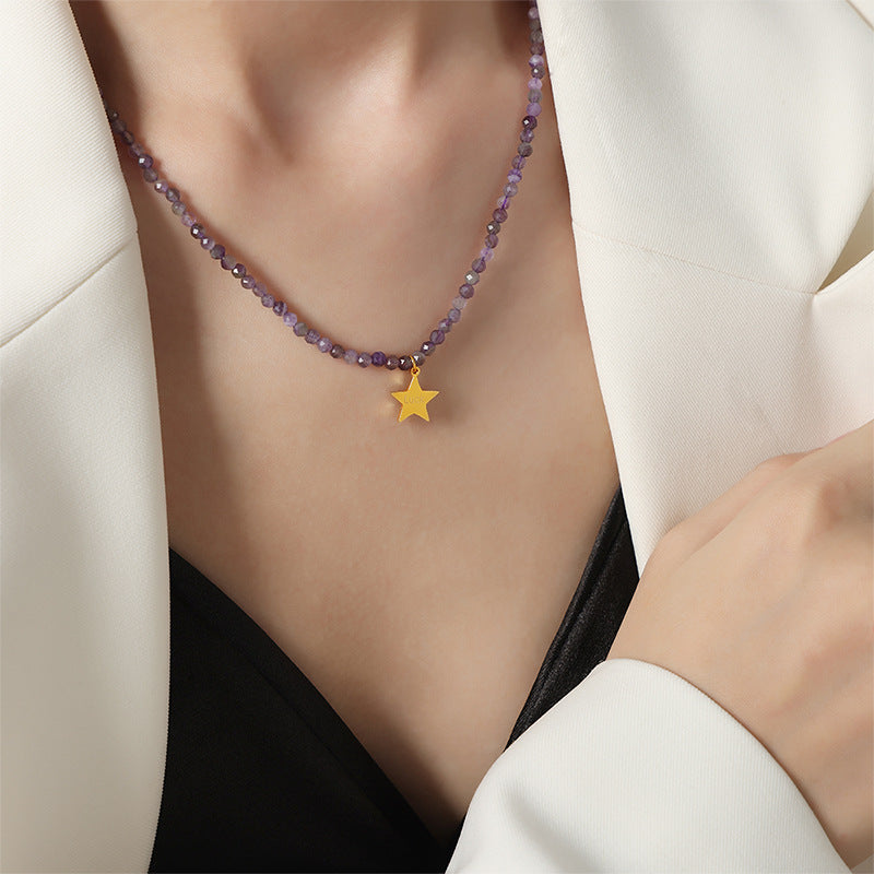 Golden Star Pendant Necklace with Tianhe Stone Beads - Handcrafted Titanium Steel Jewelry