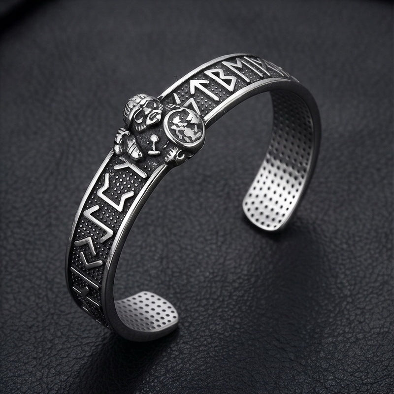 Nordic Viking Warrior Luhn Rune C-Type Bracelet Wolf Head Stainless Steel Men's Open