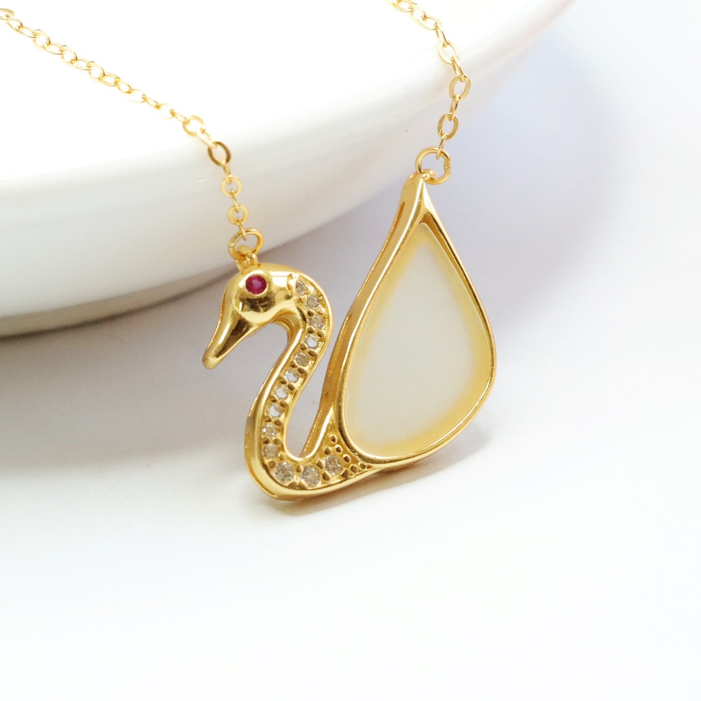 White Jade Swan Sterling Silver Necklace with Hotan Jade Accents