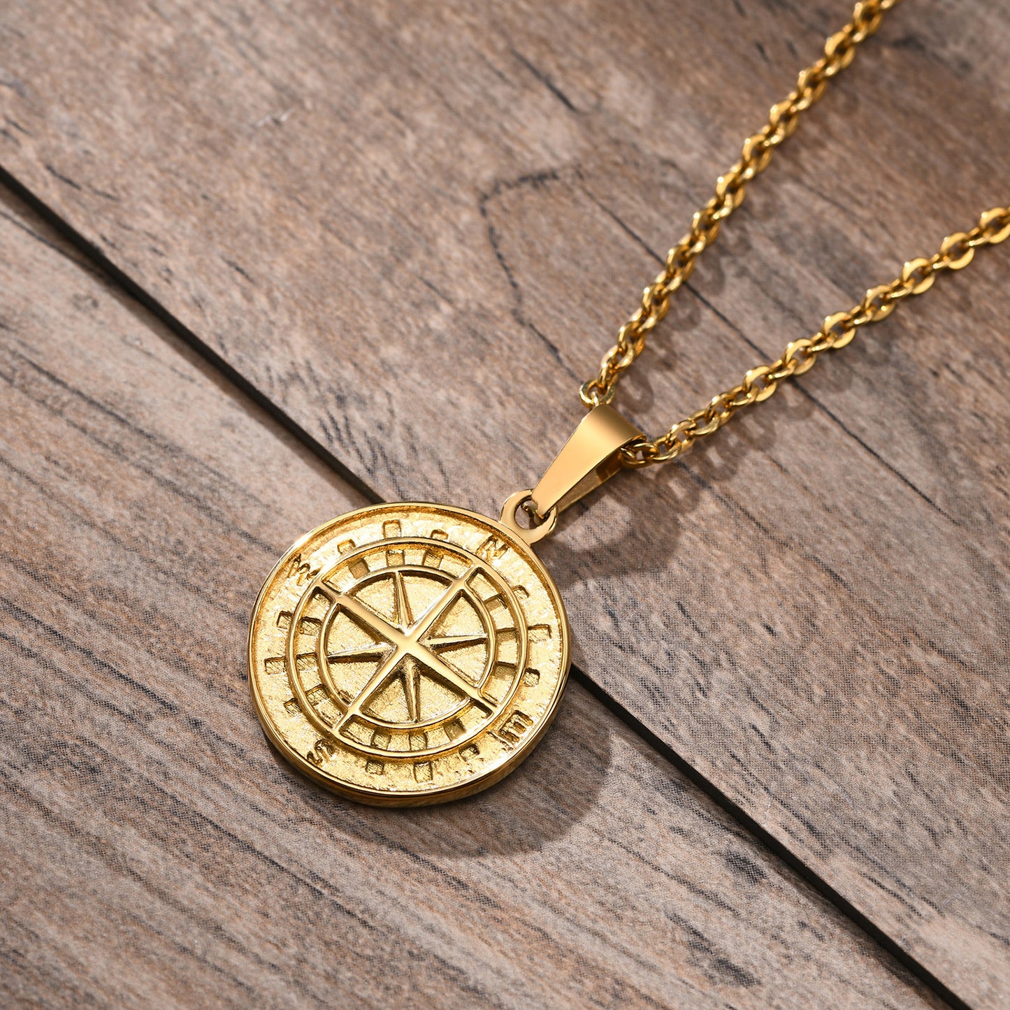 Stainless Steel Compass Pendant Gold Coin Compass Necklace