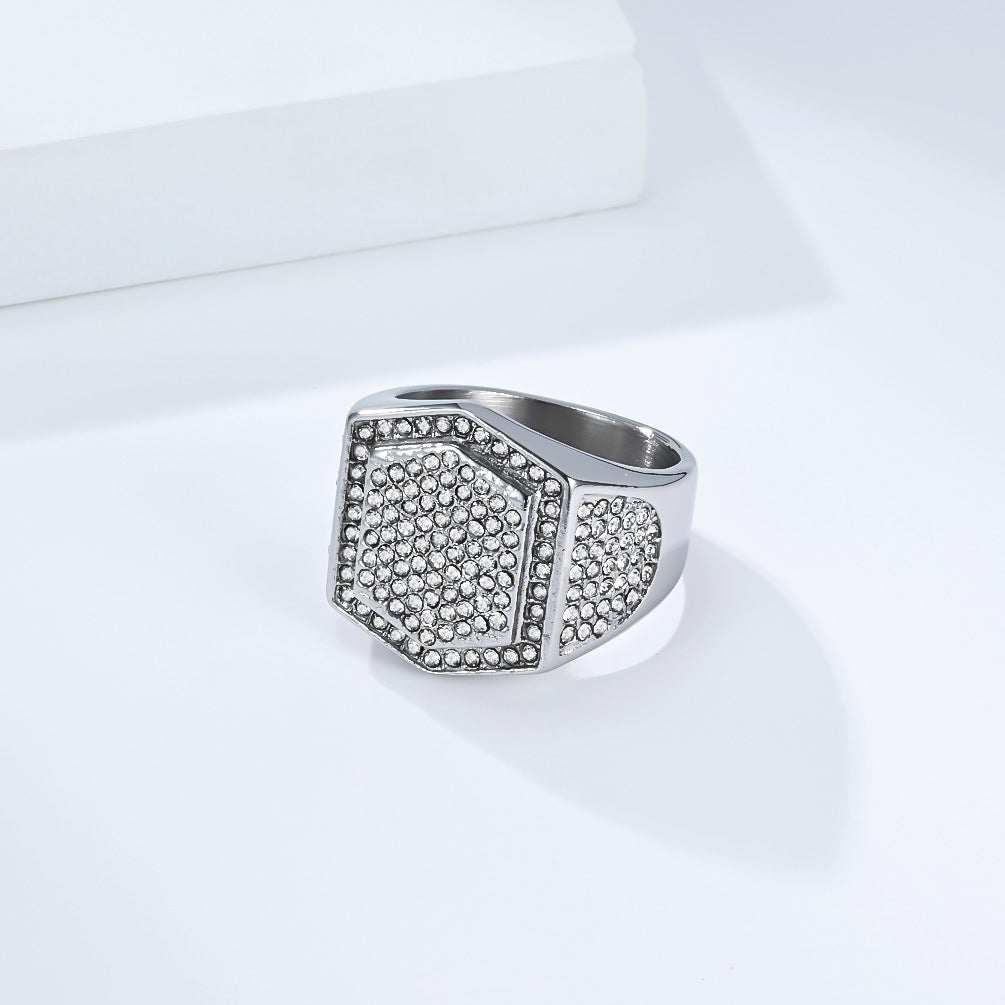 Planderful Everyday Genie Hexagonal Zircon Ring Stainless Steel Gold Plated Luxury Unisex Men Hip Hop Statement