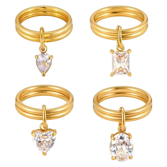 Stainless Steel Double Ring Square White Zircon