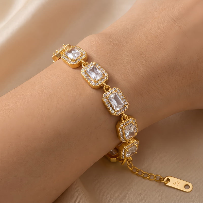 Color Surrounding Square Zircon Stainless Steel Bracelet Palace Style Adjustable