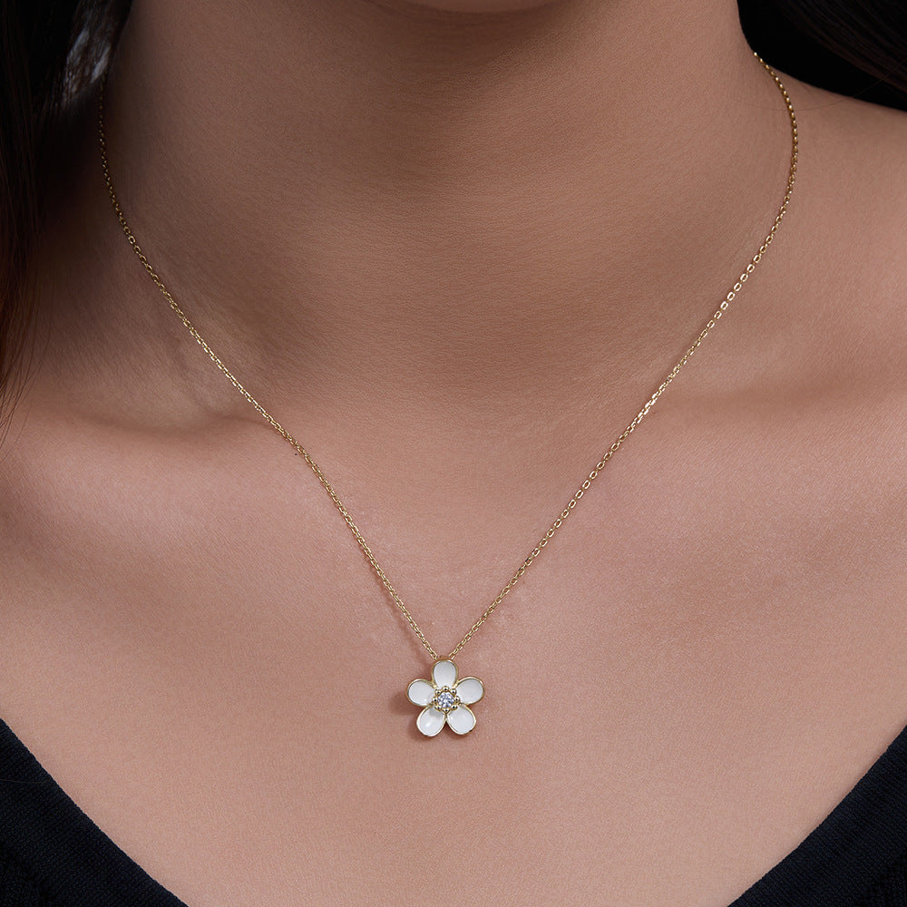 S925 Sterling Silver Inlaid Zircon Dripping Oil Small Flower Pendant Necklace Hot-Selling Wind