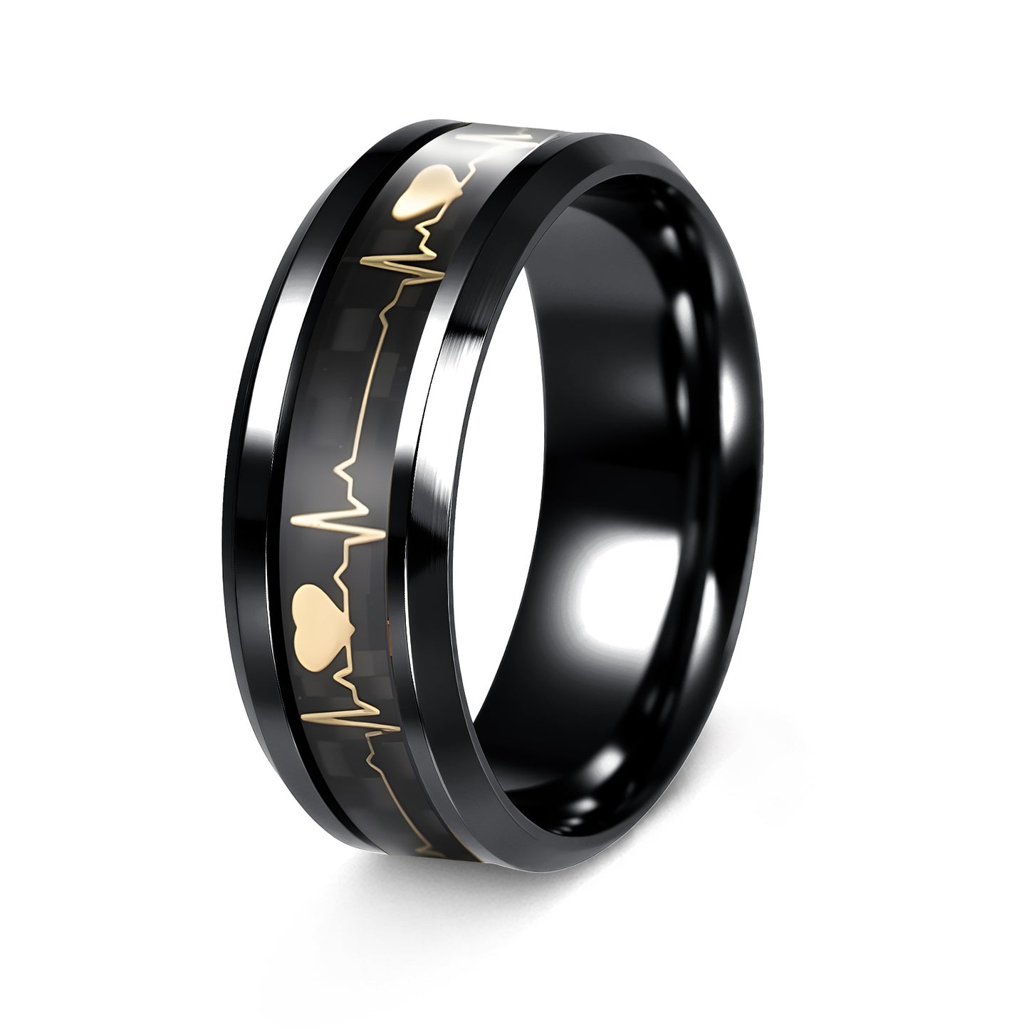 ECG Heartbeat 8mm Carbon Fiber Ring For Valentines Day Couples Unisex Titanium Steel By Planderful Everyday Genie