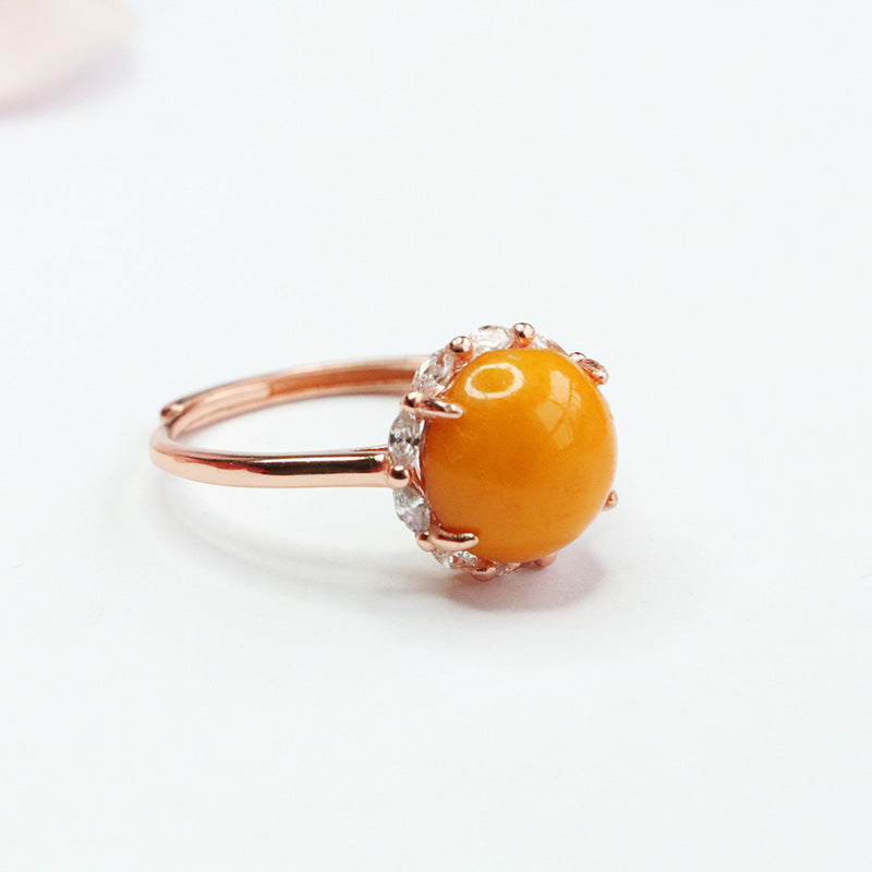 Sterling Silver Adjustable Zircon Ring with Beeswax Amber