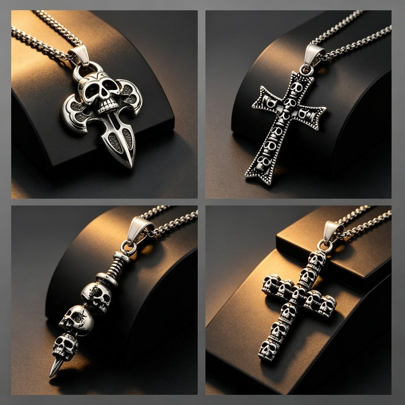 Halloween Diablo Skull Necklace Pendant Street Gothic Men's Stainless Steel Cross Pendant
