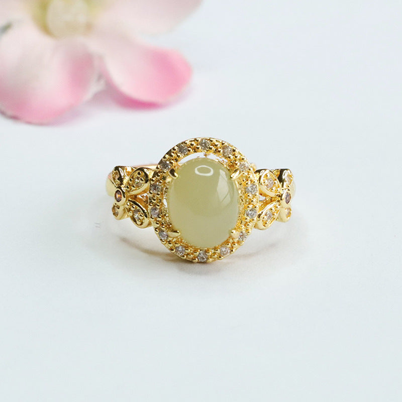 Oval Hotan Jade Zircon Sterling Silver Ring - Luxury Hollow Jewelry