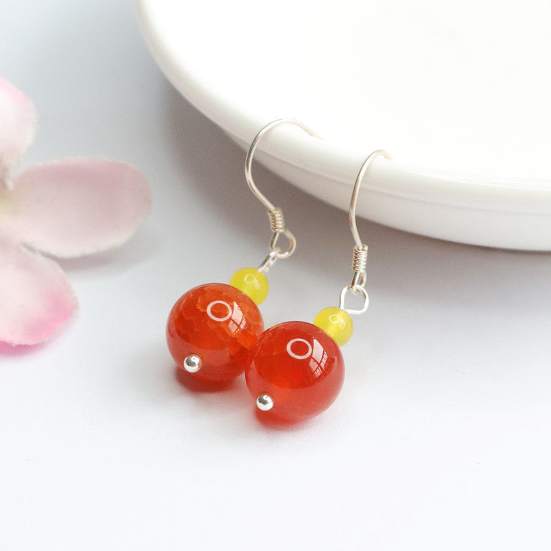Red Agate Bead 925 Silver Hook Earrings