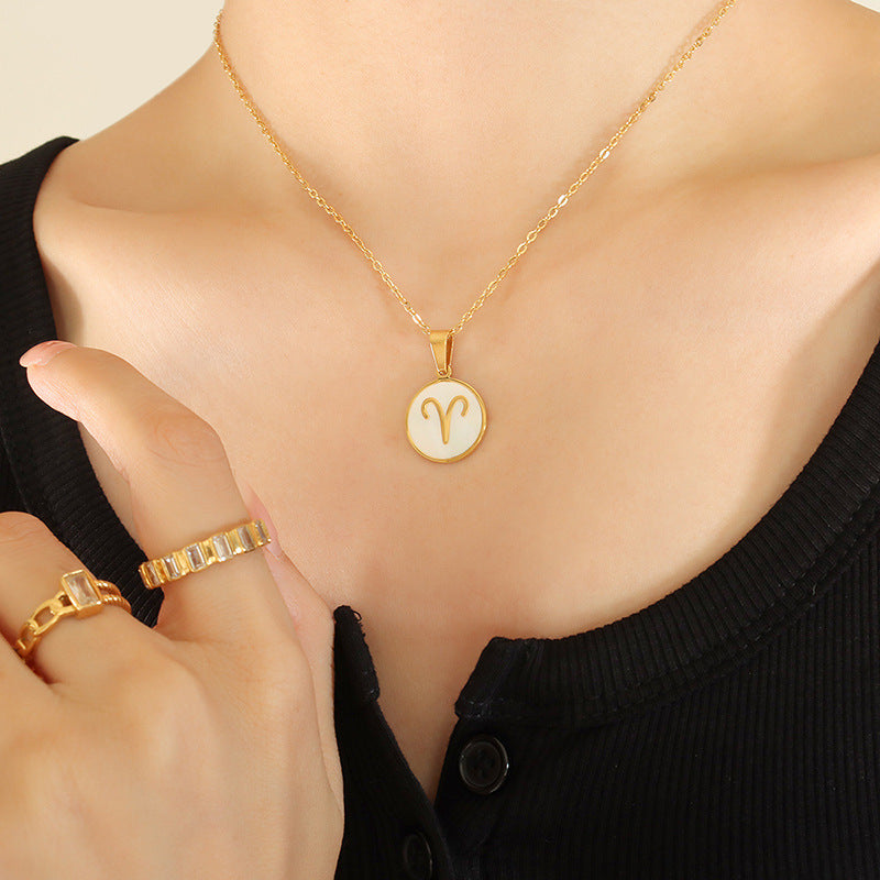 Celestial Zodiac Necklace Set with White Sea Shell Pendant - Titanium Steel Gold Plated Women's Jewelry
