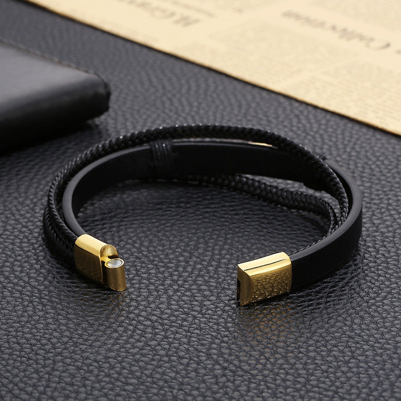 Planderful Mens Titanium Multi Layer Leather Bracelet