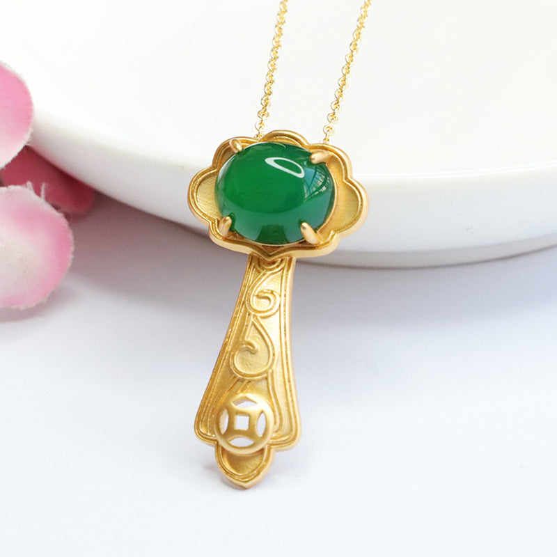 Chinese New Jewelry: Sterling Silver Oval Green Chalcedony Ruyi Pendant Necklace
