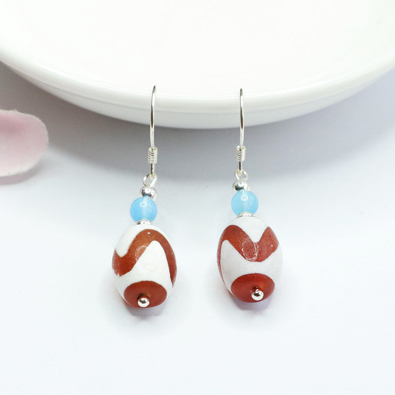 Tiger-Tooth Dzi Bead 925 Silver Hook Earrings