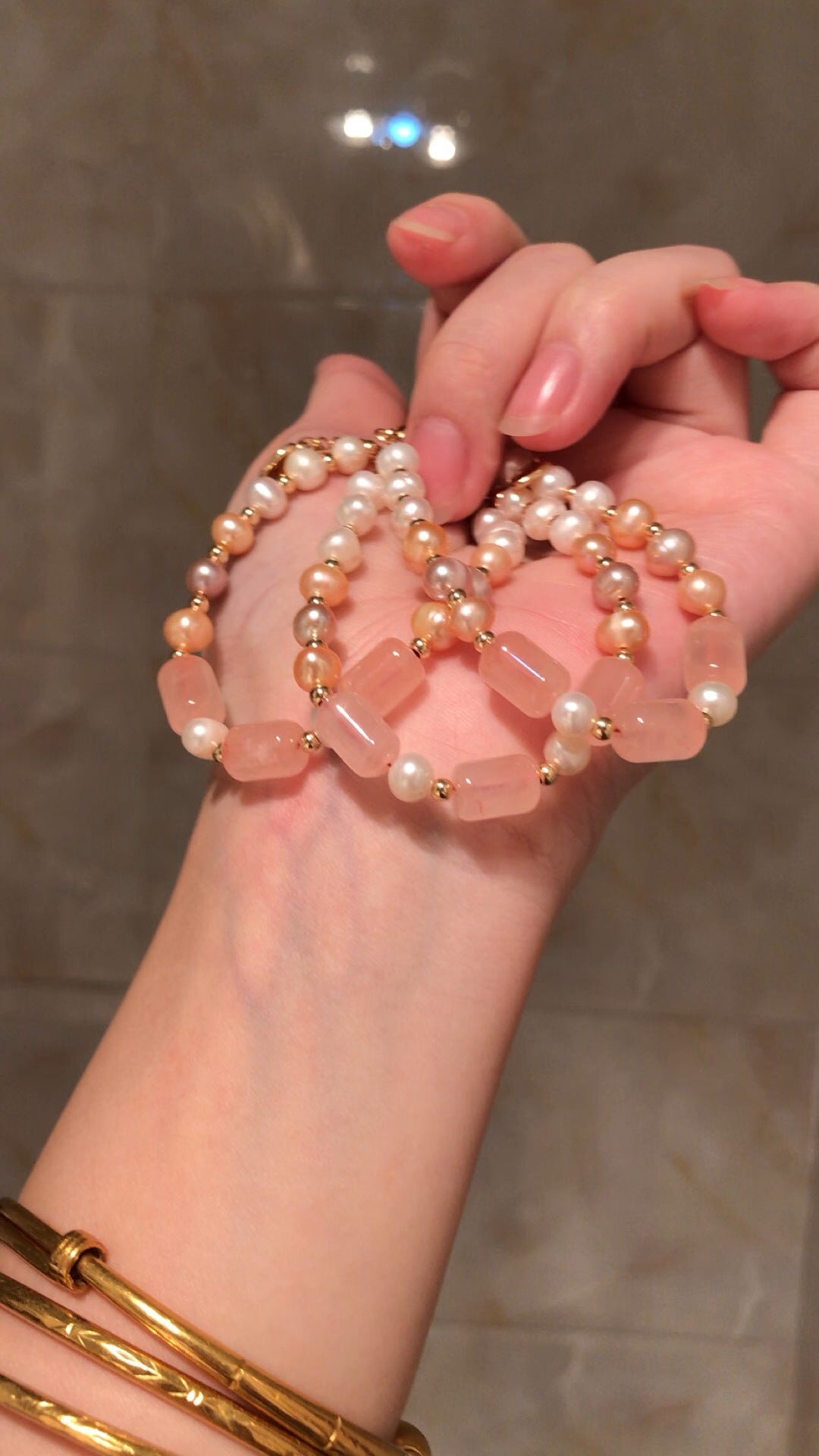 Peach Blossom Freshwater Pearl Bracelet with Gold Wrapped Crystal Barrel