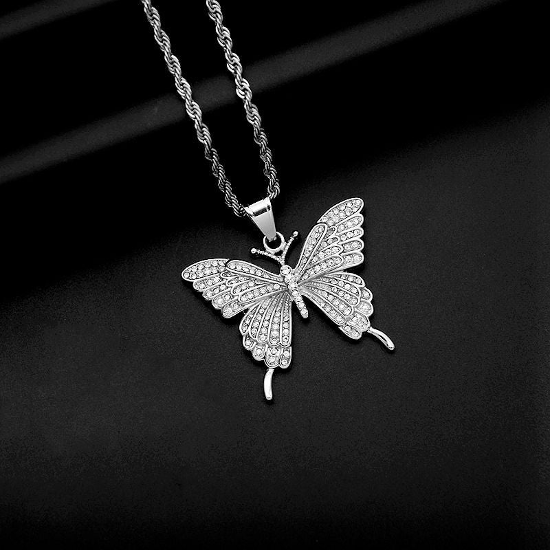 Butterfly Pendant Necklace Stainless Steel Gold Plated with Full Zircon by Planderful Everyday Genie for Hip Hop Fashion