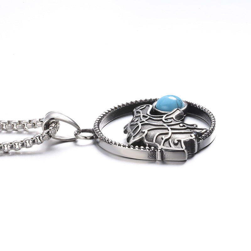 Turquoise Necklace - Statement Norse Wolf Moon Pendant
