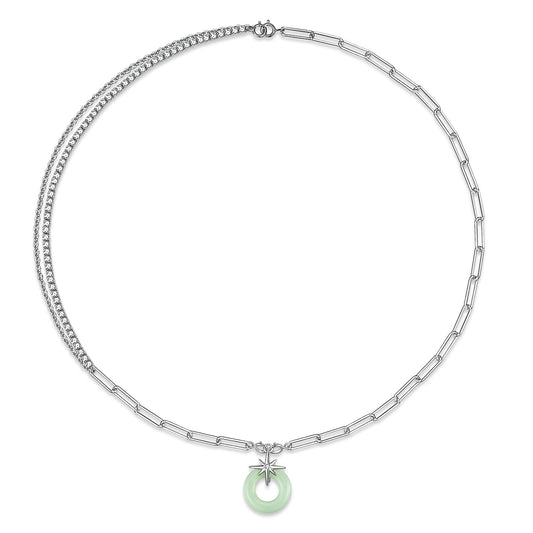 Eight Pointed Star Circular Green Jade Pendant Splicing Silver Necklace