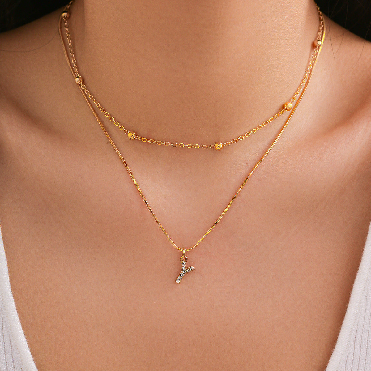 Elegant Diamond-Lined Letter Pendant Necklace with Snake Bone Chain