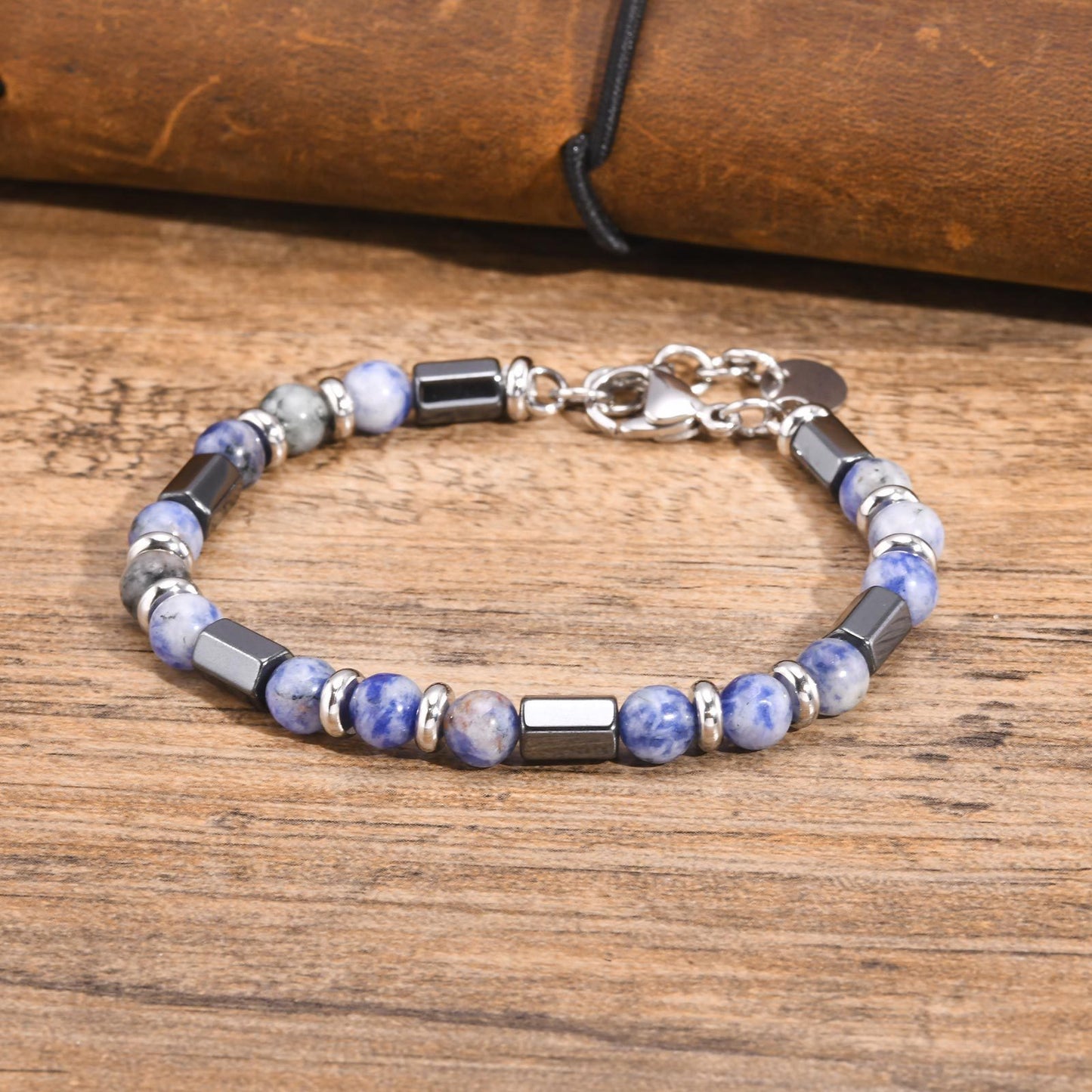 Men's Jewelry Stainless Steel Blue Stone Hexagonal Bracelet