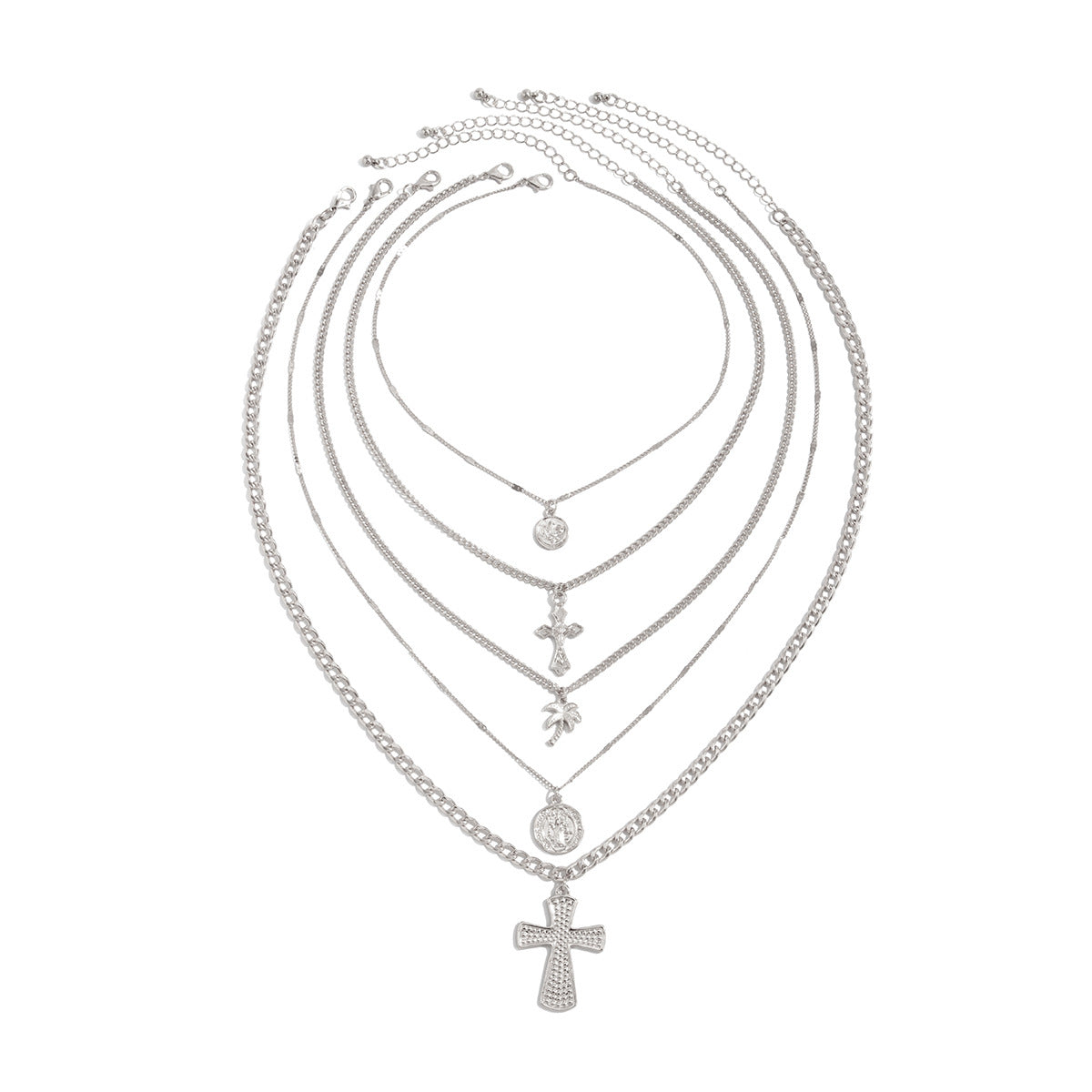 Palm Tree & Cross Layered Pendant Necklace