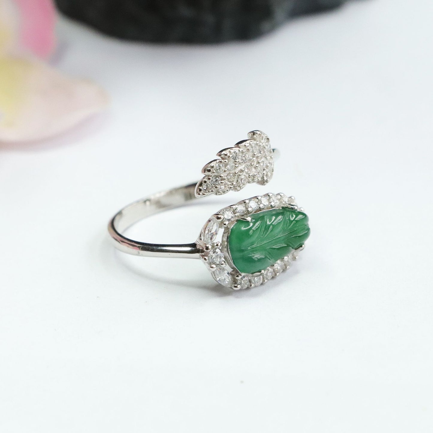 Emperor Green Jade Leaf Sterling Silver Ring