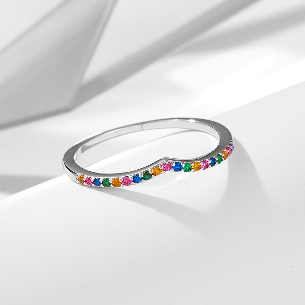 Colourful Zircon V Shape Slim Sterling Silver Ring