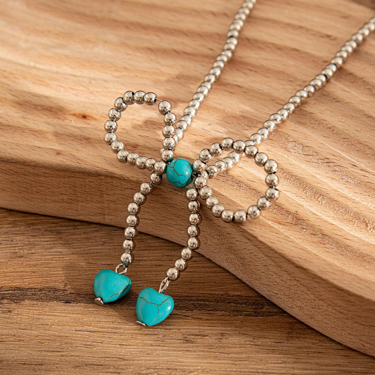 Retro Beaded Bow & Turquoise-Style Pendant Necklace