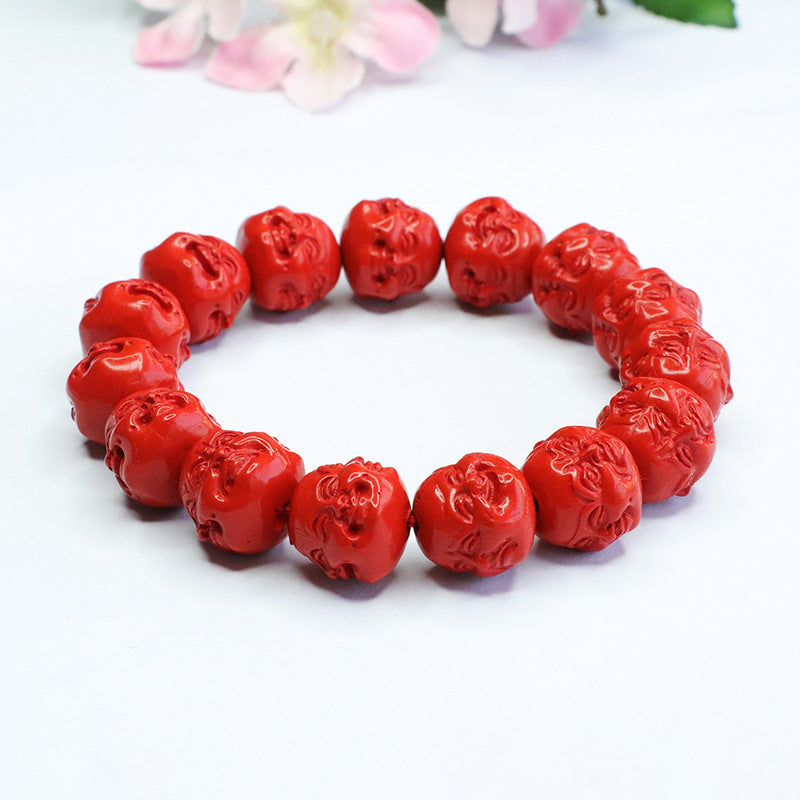 Vermilion Buddha Head Bracelet with Four-Sided Buddha Red Sand and Cinnabar Stone