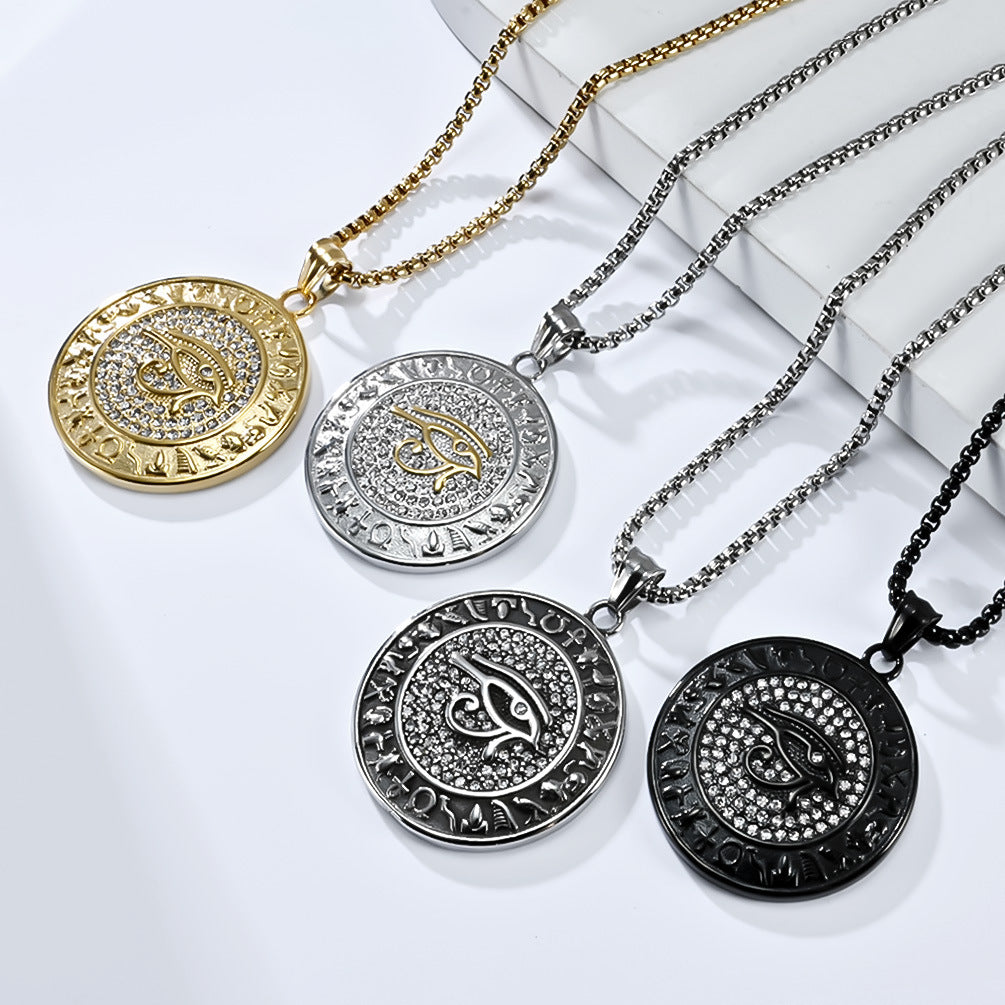Eye Of Horus Necklace By Planderful Zircon Studded Ankh Symbol Jewelry In Titanium Steel For Hip Hop Fashion Fans