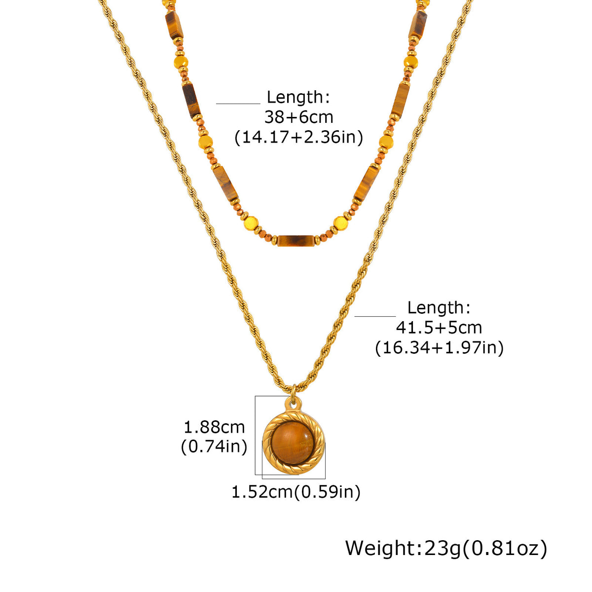 Stainless Steel Stacked Bead Spacer Rectangular Natural Tiger Eye Beaded Twist Chain Oval Necklace