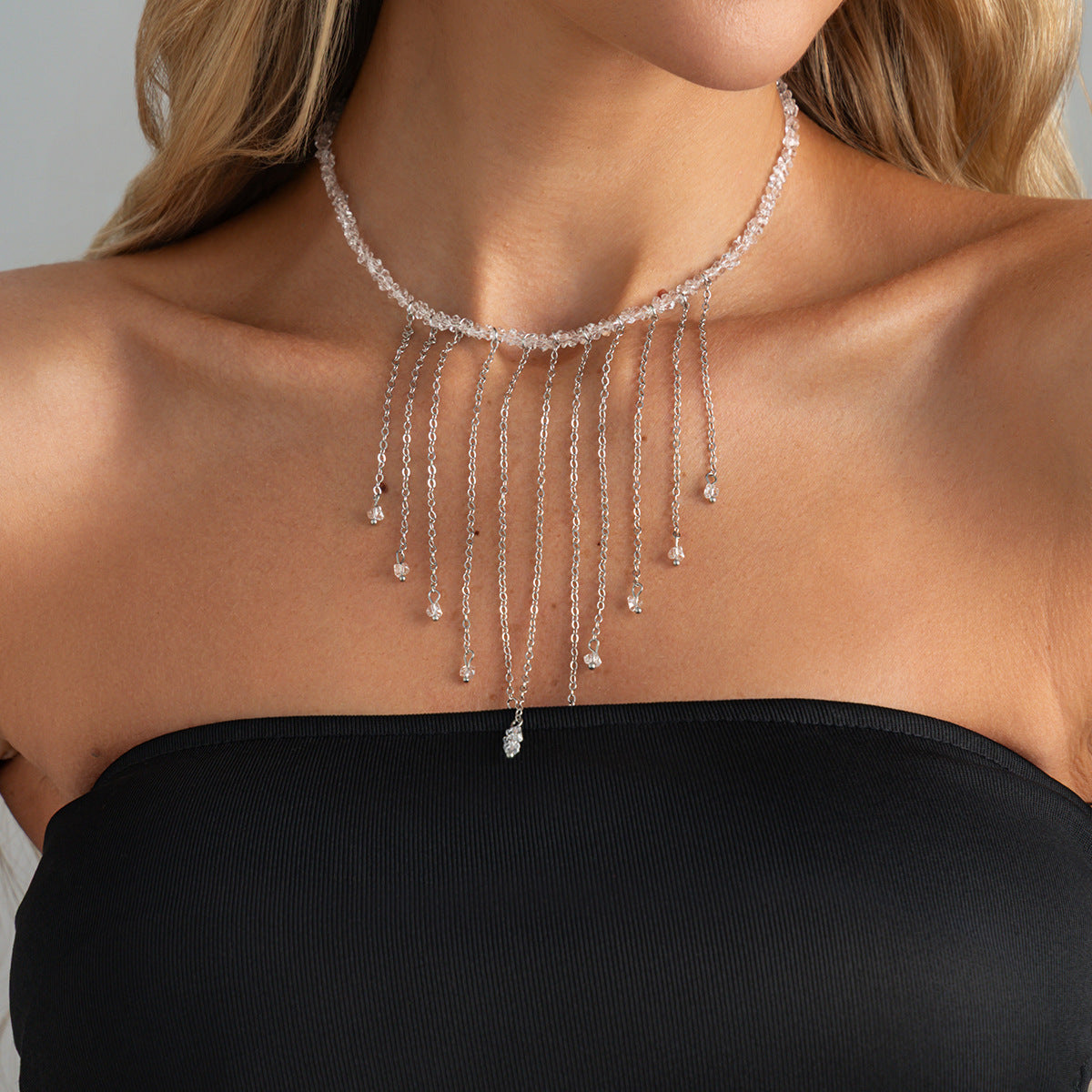 Crystal-Style Irregular Bead Fringe Necklace