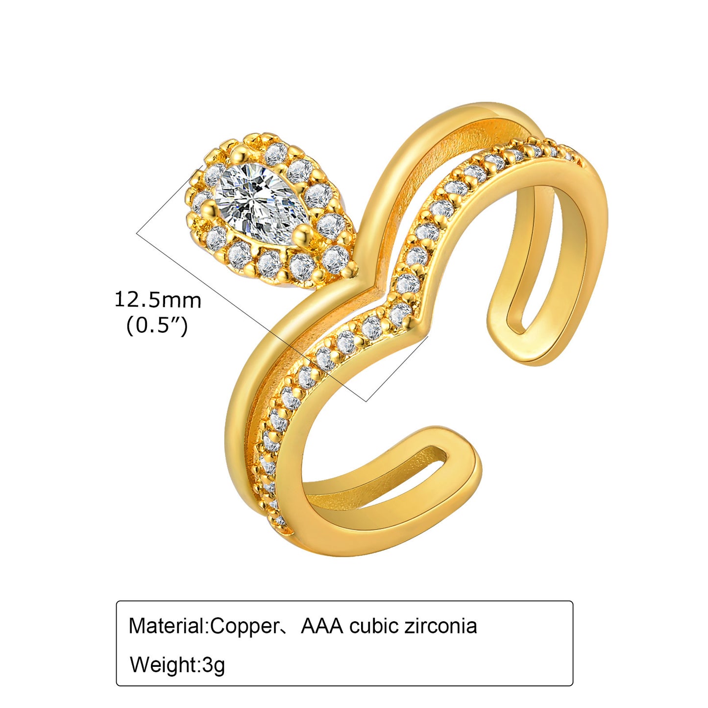 Ladies Gold Copper Zircon Quadrangram Water Drop Leaf Open Ring Jewelry