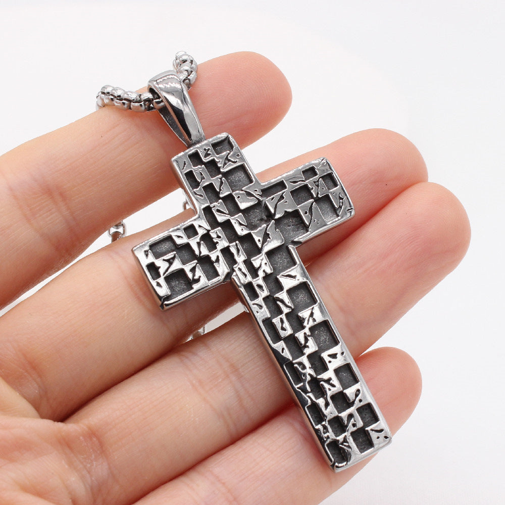 Planderful Titanium Steel Mosaic Cross Pendant Necklace For Men And Women Unisex Vintage Statement Jewelry
