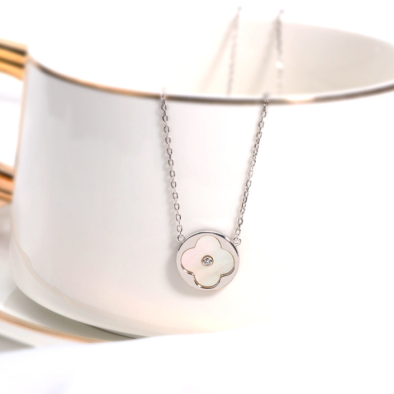 Circle Mother of Pearl Four Leaf Clover Silver Necklace
