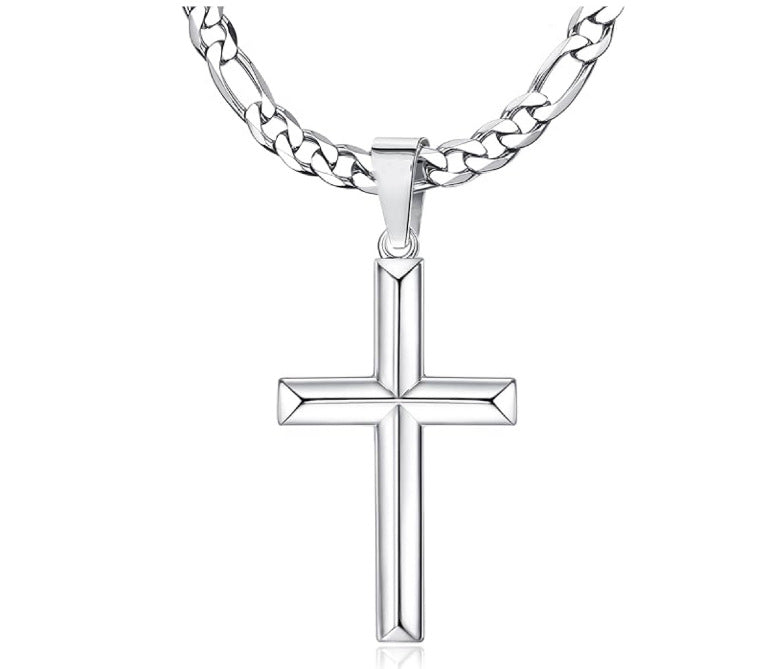 Planderful Bold Mens Cross Pendant Necklace Titanium Steel With Cuban Chain Urban Hip Hop Gift