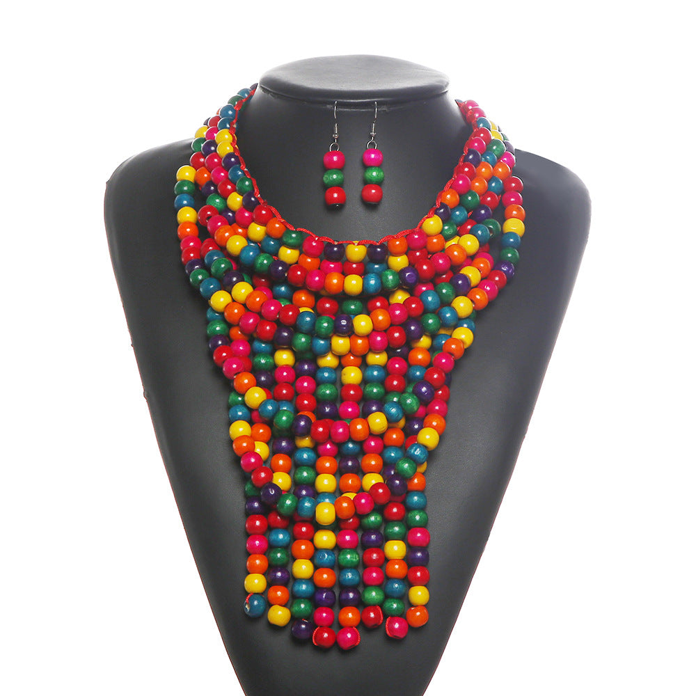 African Savanna Rhythms Wooden Bead Necklace Set - Handcrafted Ethnic Jewelry