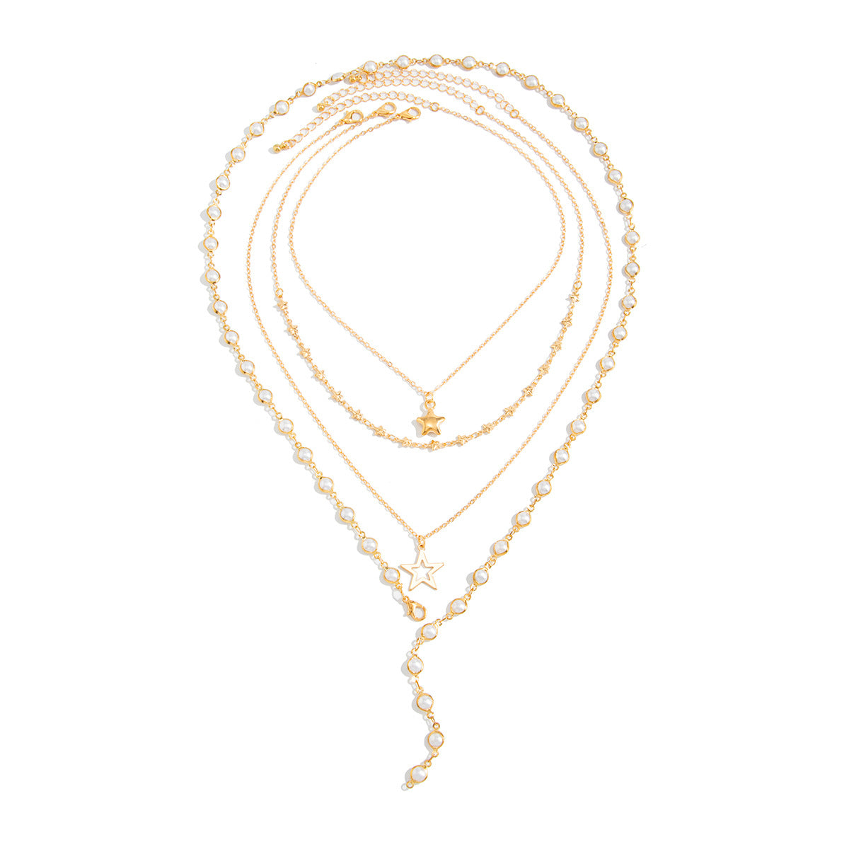 Multi-Layer Tassel Stacked With Y-Shaped Pearl Necklace Hollow Pentagram-Shaped Collarbone