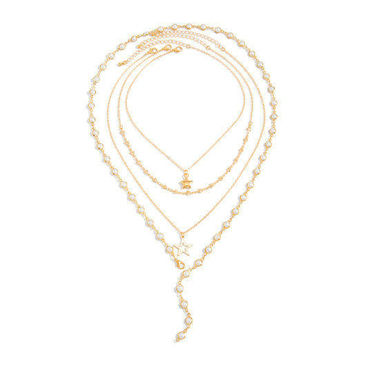 Multi-Layer Tassel Stacked With Y-Shaped Pearl Necklace Hollow Pentagram-Shaped Collarbone