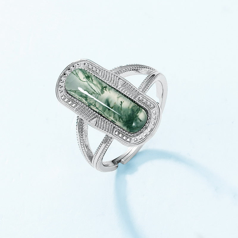 S925 Sterling Silver Moss Agate Geometric Ring