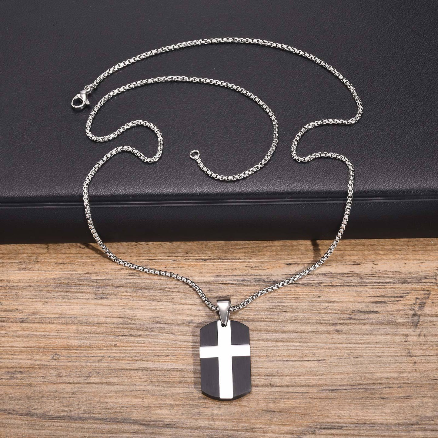 Men's Stainless Steel Cross Sand Dog Tag Pendant Necklace