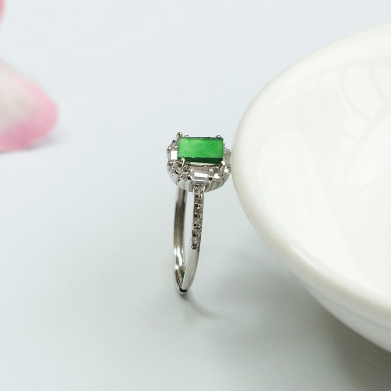 Icy Green Jadeite Square Plaque 925 Silver Ring