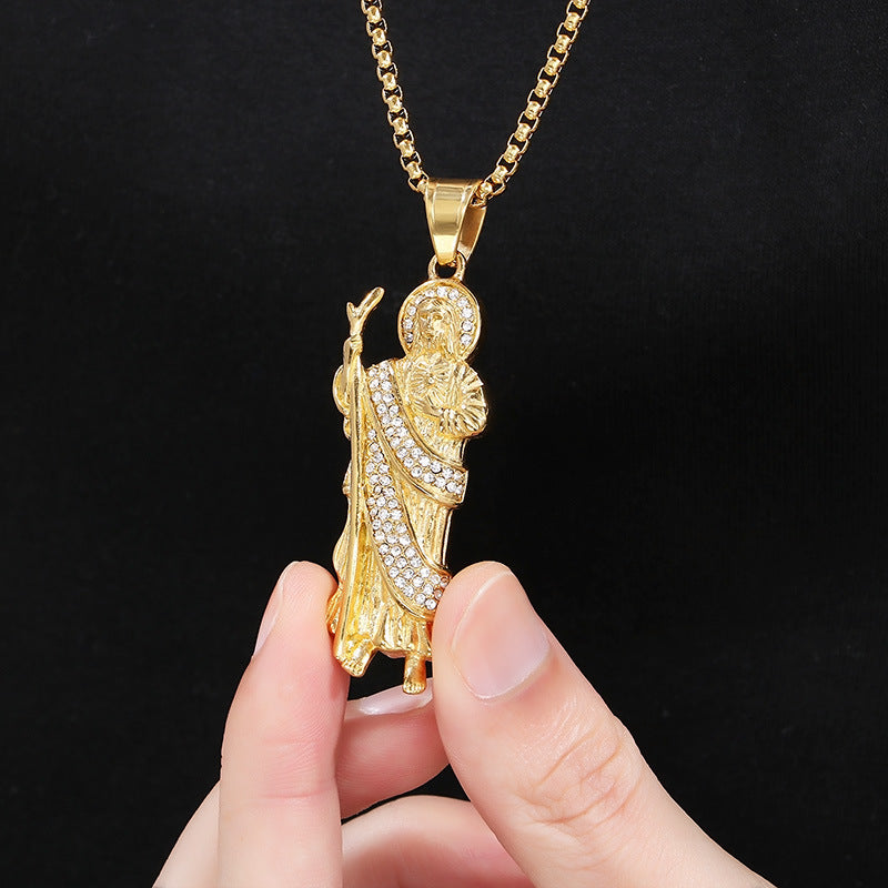 Stylish Zircon Necklace, Vintage Vacuum Plated St. Jude God Titanium Steel Pendant For