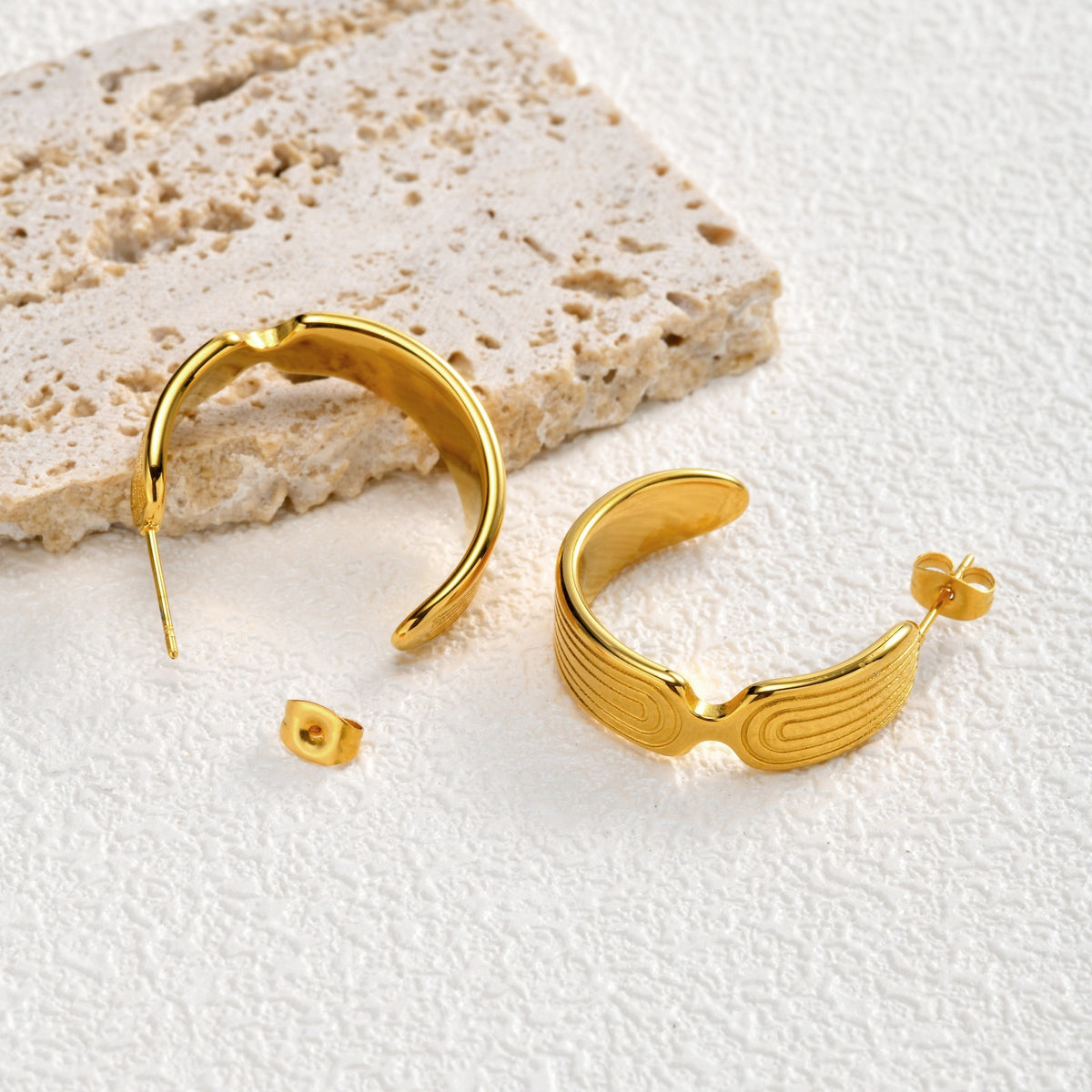 Gold-Tone Sculptural Grooved Open Hoop Earrings