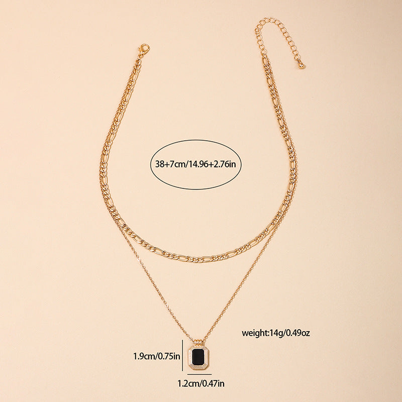 Chic Parisian Inspired Necklace with Double Pendant and Black Square Plate