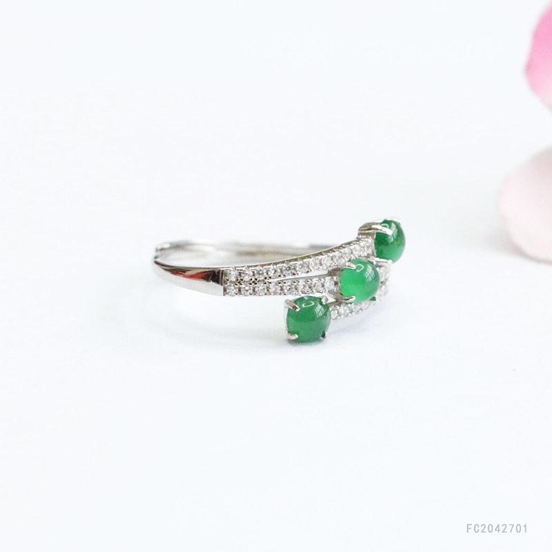 Icy Green Jadeite Triple-Life 925 Silver Ring