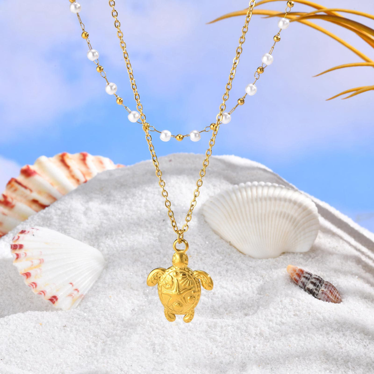 Summer Seaside Ocean Wind Stainless Steel Turtle Imitation Pearl Double Layer Necklace