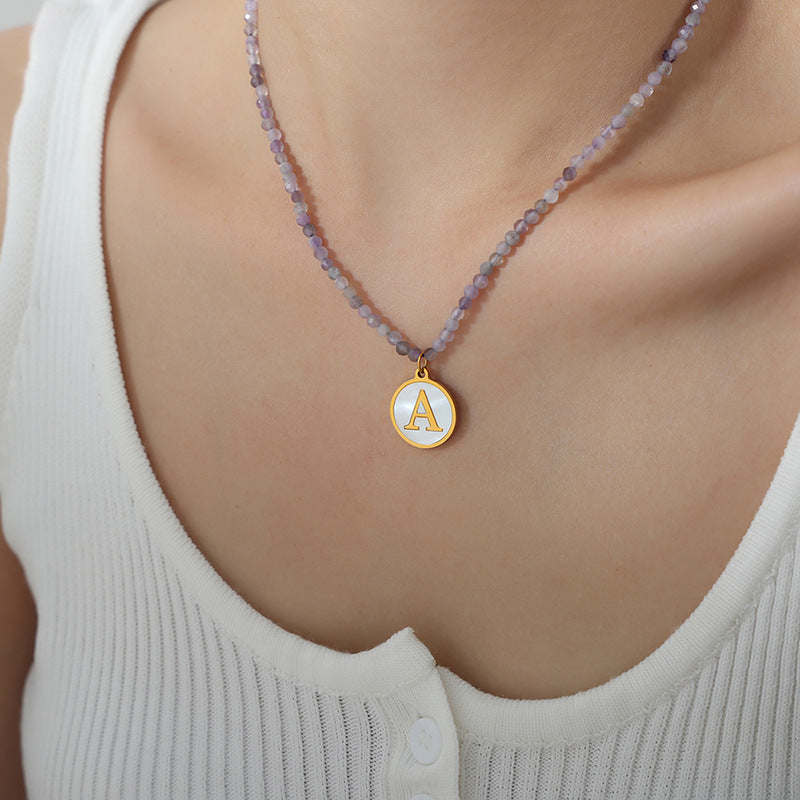 Luxurious Titanium Gold-Plated Mother-of-Pearl Pendant Necklace with Zircon Details