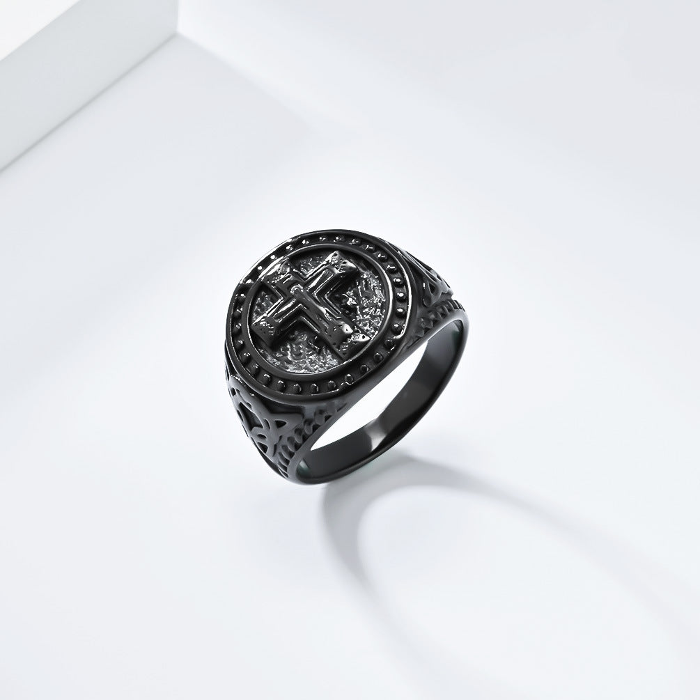 Planderful Titanium Cross Ring For Men Retro Punk Style Everyday Wear Hip Hop Jewelry