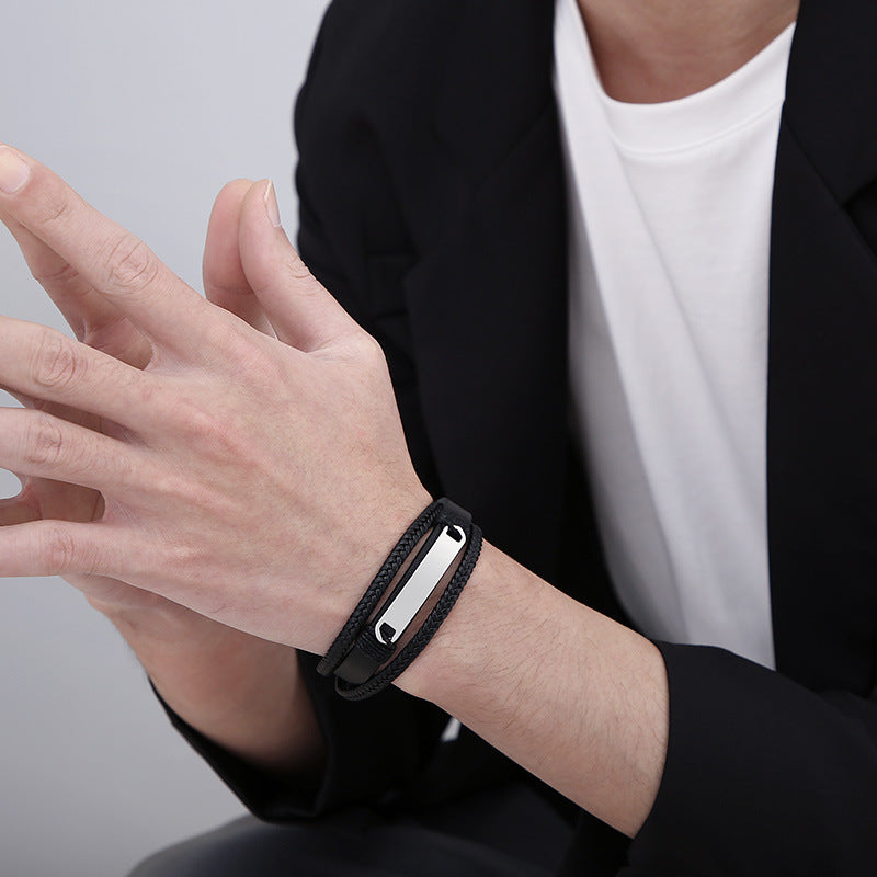 Planderful Mens Titanium Multi Layer Leather Bracelet