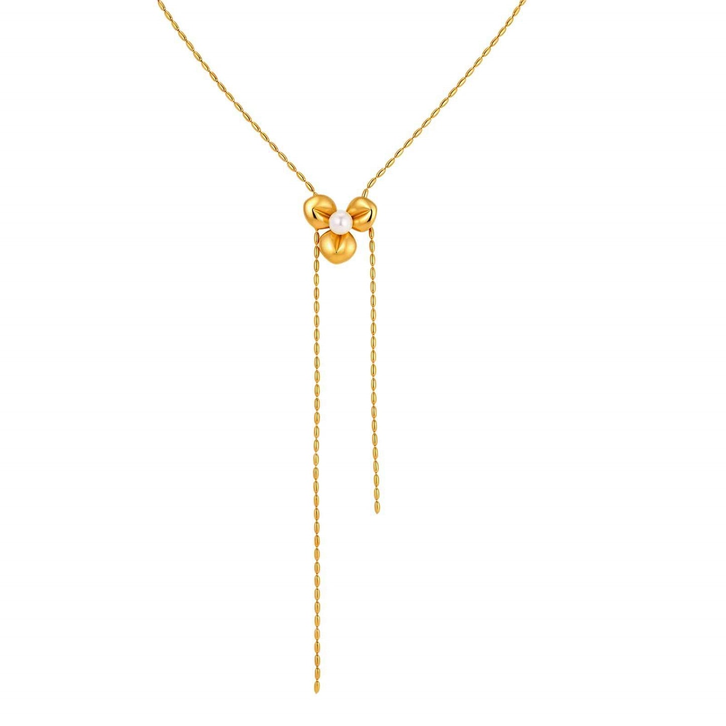 Minimalist Stainless Steel Flower Imitation Pearl Olive Bead Y-Shaped Exquisite Necklace